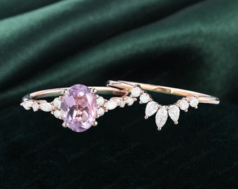 Vintage Oval Cut Lavender amethyst Engagement Ring Set Wedding ring Set Rose Gold Ring Curved  Diamond Wedding Band Anniversary Promise ring