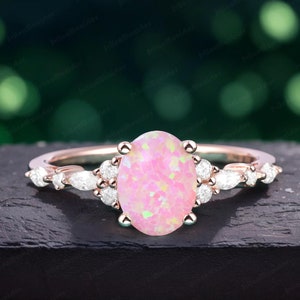 Vintage Oval  Pink Fire Opal Engagement Ring  Wedding ring Set  Rose Gold Ring Curved  Diamond Opal Wedding Band Anniversary Promise ring