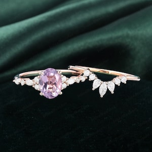 Vintage Oval Cut Lavender amethyst Engagement Ring Set Wedding ring Set Rose Gold Ring Curved  Diamond Wedding Band Anniversary Promise ring