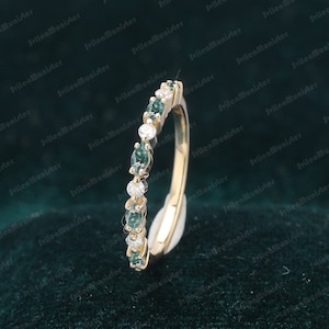 Vintage Solid gold wedding band marquise cut Moss agate half eternity band Unique Bridal Diamond Matching Stacking band Anniversary ring