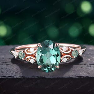 Oval Green Sapphire Engagement Ring  Bridal Ring Rose Gold Art Deco Ring Promise Ring Green Gemstone Handmade Jewelry Gifts For Women