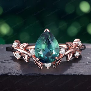 Pear Natural Teal sapphire Engagement Ring Rose Gold Promise Ring Nature Inspired Leaf Ring Art Deco Ring Sep Birthstone Natural Gemstone