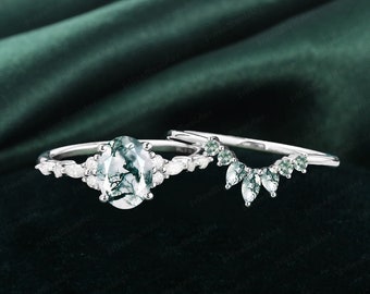 Vintage Oval Natural Moss Agate Engagement Ring Set Wedding ring Set White Gold Ring Gemstone Promise Ring Anniversary Promise ring Women