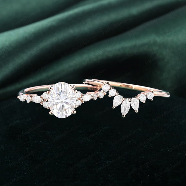 Set di anelli di fidanzamento Moissanite a taglio ovale in oro rosa Set di anelli di fidanzamento a grappolo unici Anello regalo vintage Promise Anniversary con diamanti