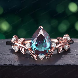Pear Alexandrite Engagement Ring Rose Gold Promise Ring Colour Changing Stone Nature Inspired Leaf Art Deco Ring June Birthstone For Women