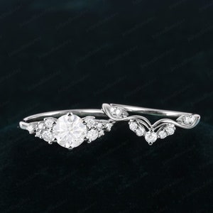 Vintage Moissanite engagement ring set white gold engagement ring Unique Bridal set Diamond wedding Curved Anniversary Promise ring gift