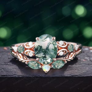 Unique Oval Natural Moss agate engagement Ring Bridal Sets Rose Gold Art Deco Promise Ring Handmade Jewelry Gifts Nature Inspired Leaf Ring