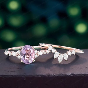 Vintage Oval Cut Lavender amethyst Engagement Ring Set Wedding ring Set Rose Gold Ring Curved  Diamond Wedding Band Anniversary Promise ring
