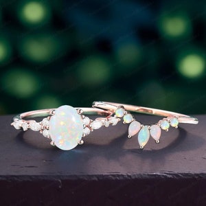 Vintage Oval  Natural Opal Engagement Ring Set Wedding ring Set  Rose Gold Ring Curved  Diamond Opal Wedding Band Anniversary Promise ring
