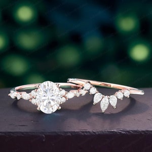 Oval cut Moissanite engagement ring set rose gold unique Cluster engagement ring sets Diamond vintage Promise Anniversary gift ring