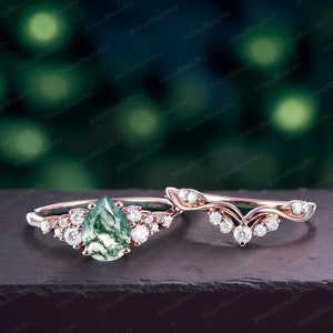 Vintage Pear Natural Moss Agate Engagement Ring Sets Bridal Sets Rose Gold Art Deco Diamond Promise Ring Handmade Jewelry Gifts Cluster Ring