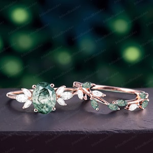 Vintage Oval Cut Natural Moss Agate Engagement Ring Sets Unique Art Deco Ring Bridal Sets Rose Gold Dainty Wedding Ring Promise Ring