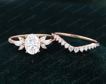 Oval cut Moissanite engagement ring set Unique Rose gold engagement ring women vintage Marquise Diamond wedding Bridal ring anniversary gift