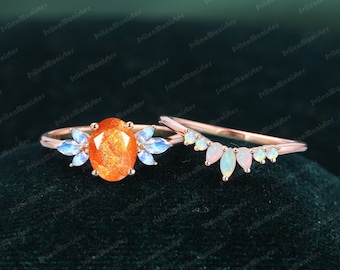 Oval Cut Sunstone engagement ring set vintage unique rose gold engagement ring women Marquise Opal wedding Bridal Sets Anniversary gift