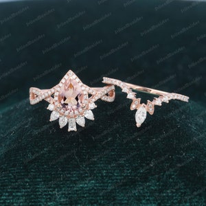 Pear Shape Morganite engagement ring set Rose gold engagement ring vintage Unique Halo Diamond  Wedding Bridal ring Anniversary gifts Ring