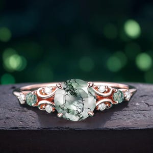 Unique Natural Moss agate engagement Ring Bridal Ring Rose Gold Art Deco Promise Ring Handmade Jewelry Gifts Nature Inspired Leaf Ring