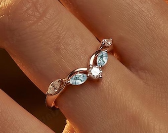 Curved wedding band Vintage rose gold Marquise Cut Diamond moss agate wedding band unique Bridal Ring Stacking Matching Band promise Ring