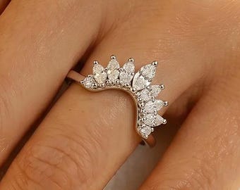 Vintage Curved Diamond wedding band women band rose gold Moissanite band bridal matching ring stacking wedding ring promise anniversary band
