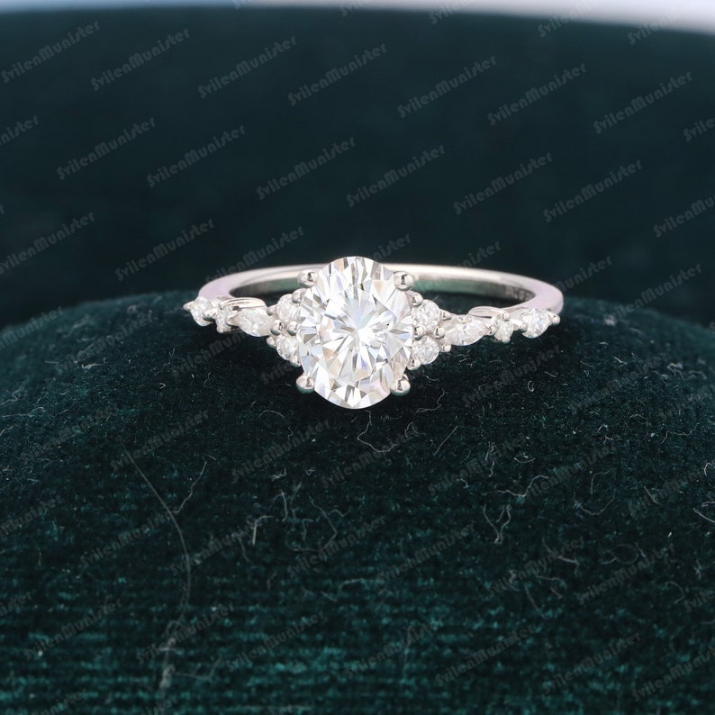 Oval Moissanite engagement ring Unique white gold engagement ring Vintage Marquise Diamond cluster ring Art deco Promise Anniversary ring image 3