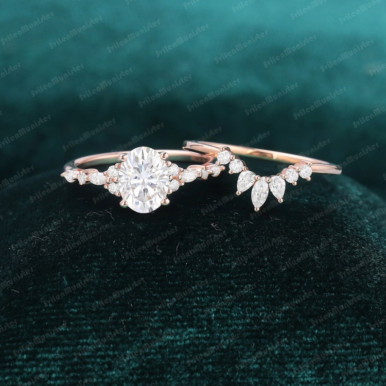 Oval cut Moissanite engagement ring set rose gold unique Cluster engagement ring sets Diamond vintage Promise Anniversary gift ring Moissanite ring set