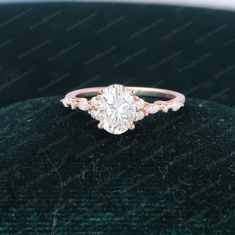 Oval Moissanite engagement ring Unique white gold engagement ring Vintage Marquise Diamond cluster ring Art deco Promise Anniversary ring image 8