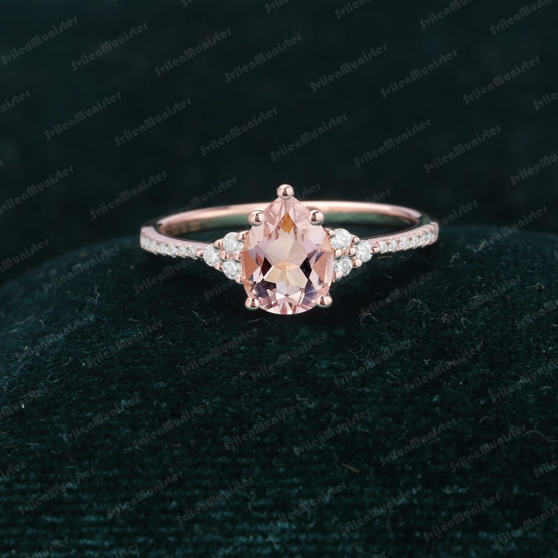 Pear shaped Pink Morganite engagement ring Unique Rose gold Cluster engagement ring vintage Diamond ring Bridal anniversary gift for women image 1