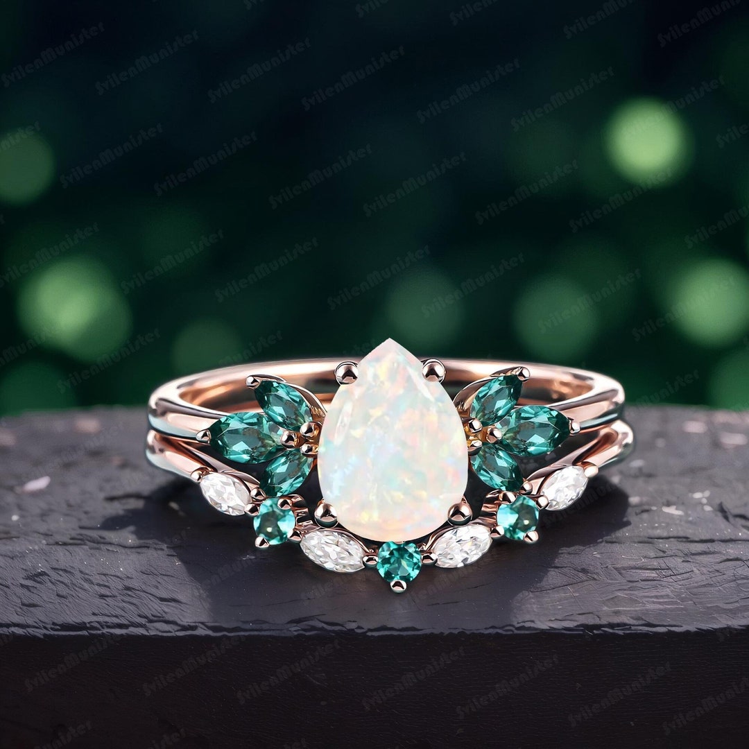 Rust Ring Oct Pear Fire Opal Engagement Ring Set Vintage Unique White Gold Engagement ...
