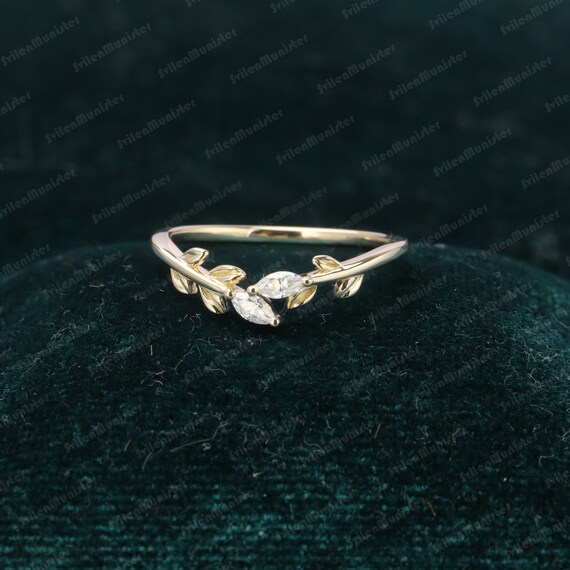 Vintage Leaf Diamond Band Wedding Band Women Solid Rose Gold