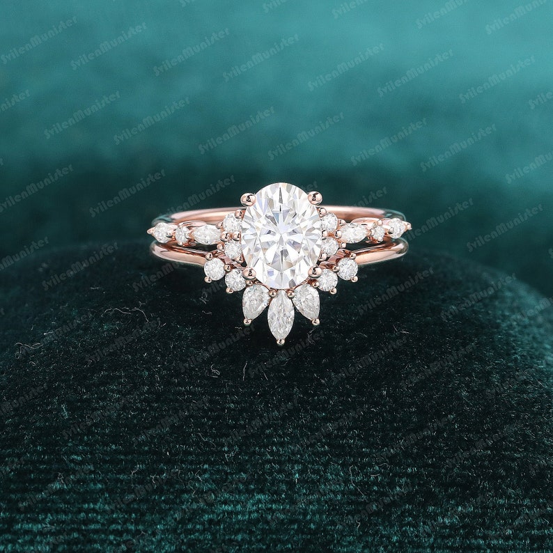 Oval cut Moissanite engagement ring set rose gold unique Cluster engagement ring sets Diamond vintage Promise Anniversary gift ring image 5