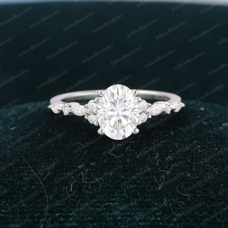 Oval Moissanite engagement ring Unique white gold engagement ring Vintage Marquise Diamond cluster ring Art deco Promise Anniversary ring image 6