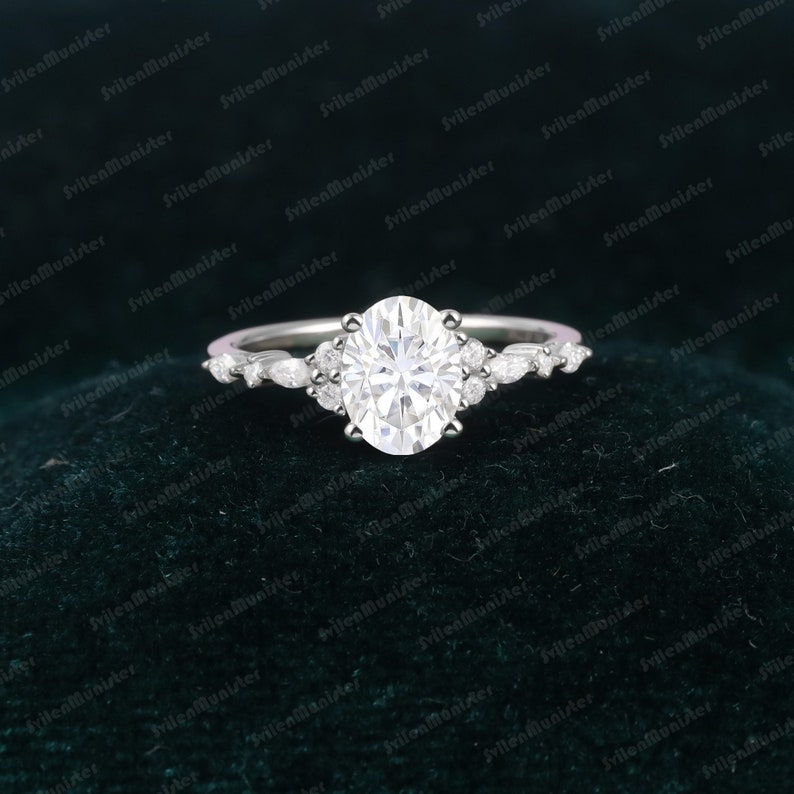 Oval Moissanite engagement ring Unique white gold engagement ring Vintage Marquise Diamond cluster ring Art deco Promise Anniversary ring image 10