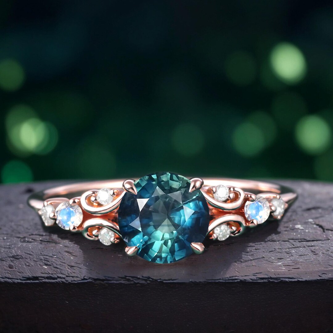 Natural Teal Sapphire Engagement Ring Bridal Ring Rose Gold Art Deco — free download