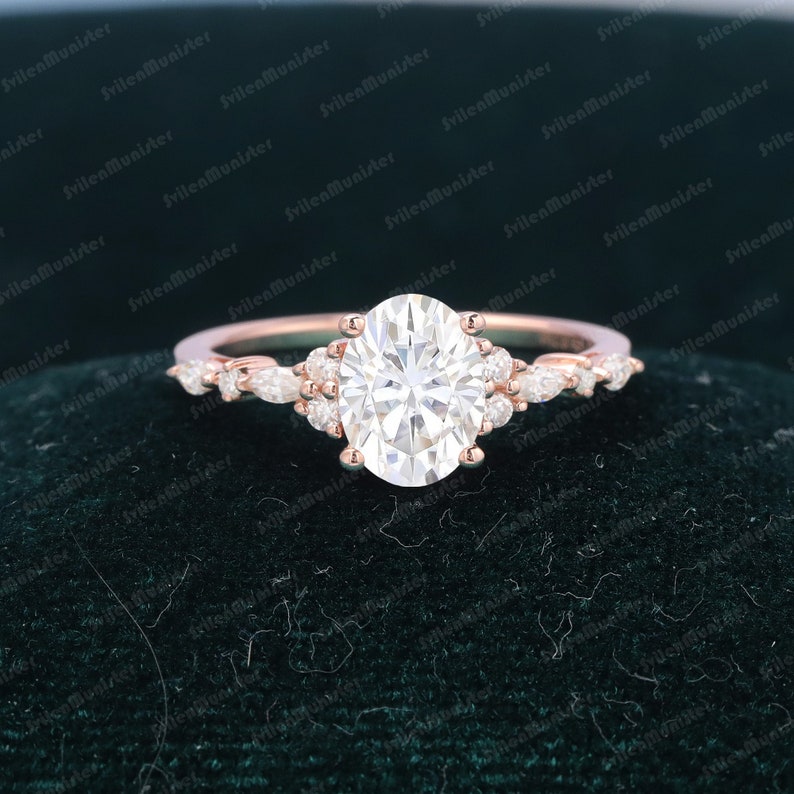 Oval Moissanite engagement ring Unique white gold engagement ring Vintage Marquise Diamond cluster ring Art deco Promise Anniversary ring image 7