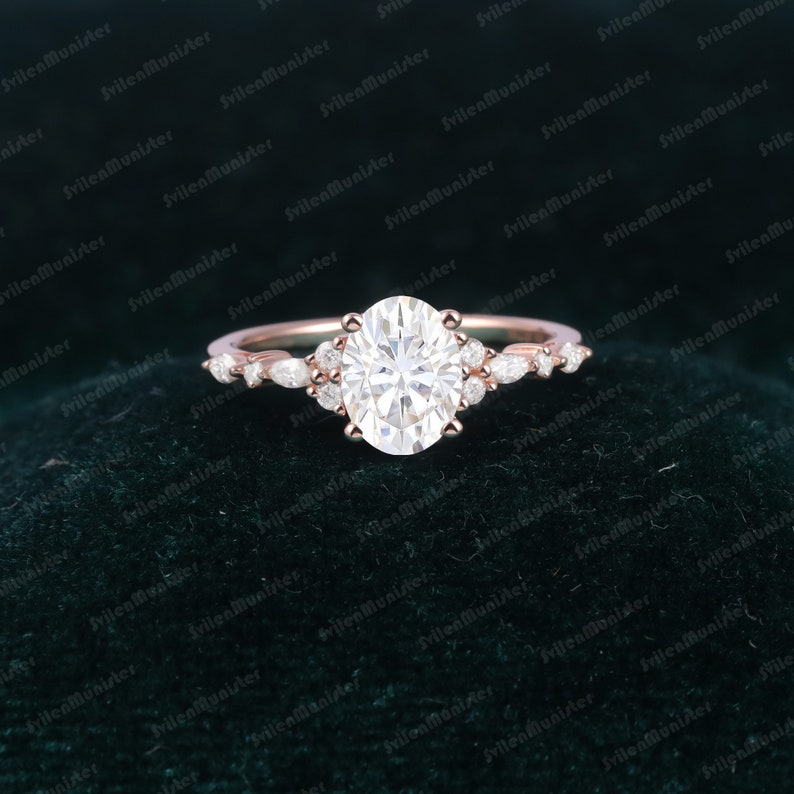 Oval cut Moissanite engagement ring set rose gold unique Cluster engagement ring sets Diamond vintage Promise Anniversary gift ring Moissanite ring