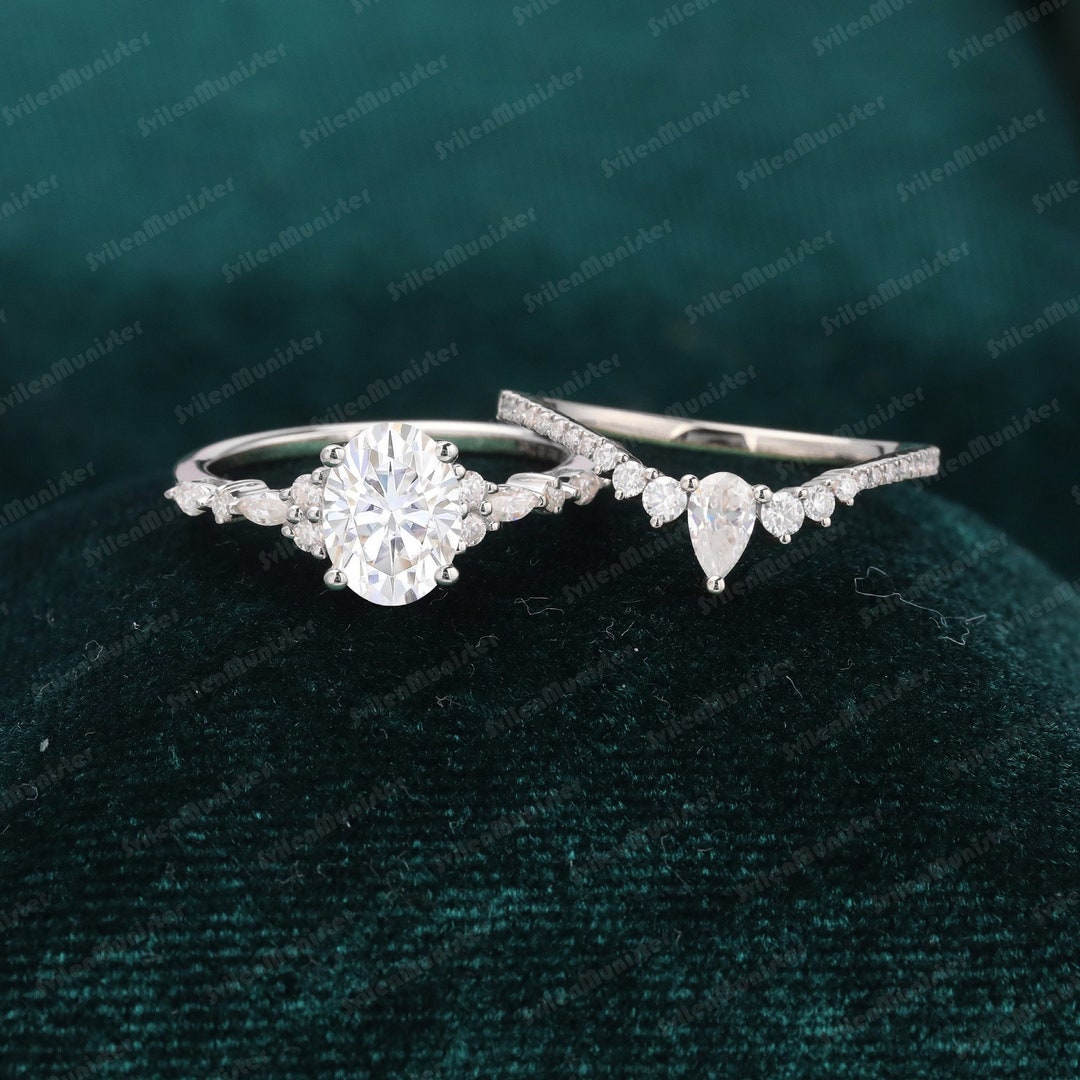Oval Cut Moissanite Engagement Ring Set White Gold Unique Vintage ...