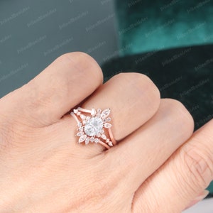 Oval cut Moissanite engagement ring set rose gold unique Cluster engagement ring sets Diamond vintage Promise Anniversary gift ring image 9