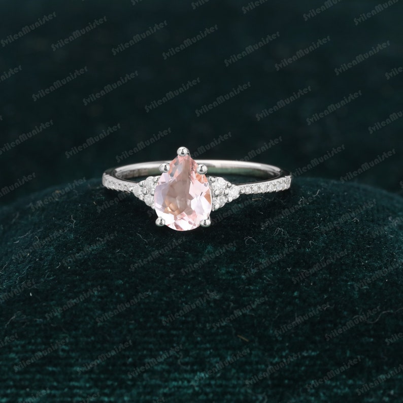 Pear shaped Pink Morganite engagement ring Unique Rose gold Cluster engagement ring vintage Diamond ring Bridal anniversary gift for women image 9