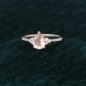 Pear shaped Pink Morganite engagement ring Unique Rose gold Cluster engagement ring vintage Diamond ring Bridal anniversary gift for women image 6