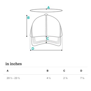 May include: A black and white line drawing of a baseball cap with measurements in inches labeled A, B, C, and D. The measurements are: A 20 1/2 - 23 1/2 inches, B 4 1/2 inches, C 2 7/8 inches, and D 7 1/8 inches.