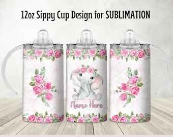 Pink baby Elephant Sippy Cup Sublimation design template, 12oz Tumbler wrap, Sublimation PNG, 12oz Straight sippy cup wrap, Digital Download