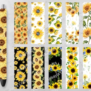 May include: Ten 3D pen wraps featuring sunflower designs. The wraps are 1.5 inches wide and 4.75 inches long. The designs include sunflowers on a white background, sunflowers on a black background, and sunflowers on a white background with blue accents.