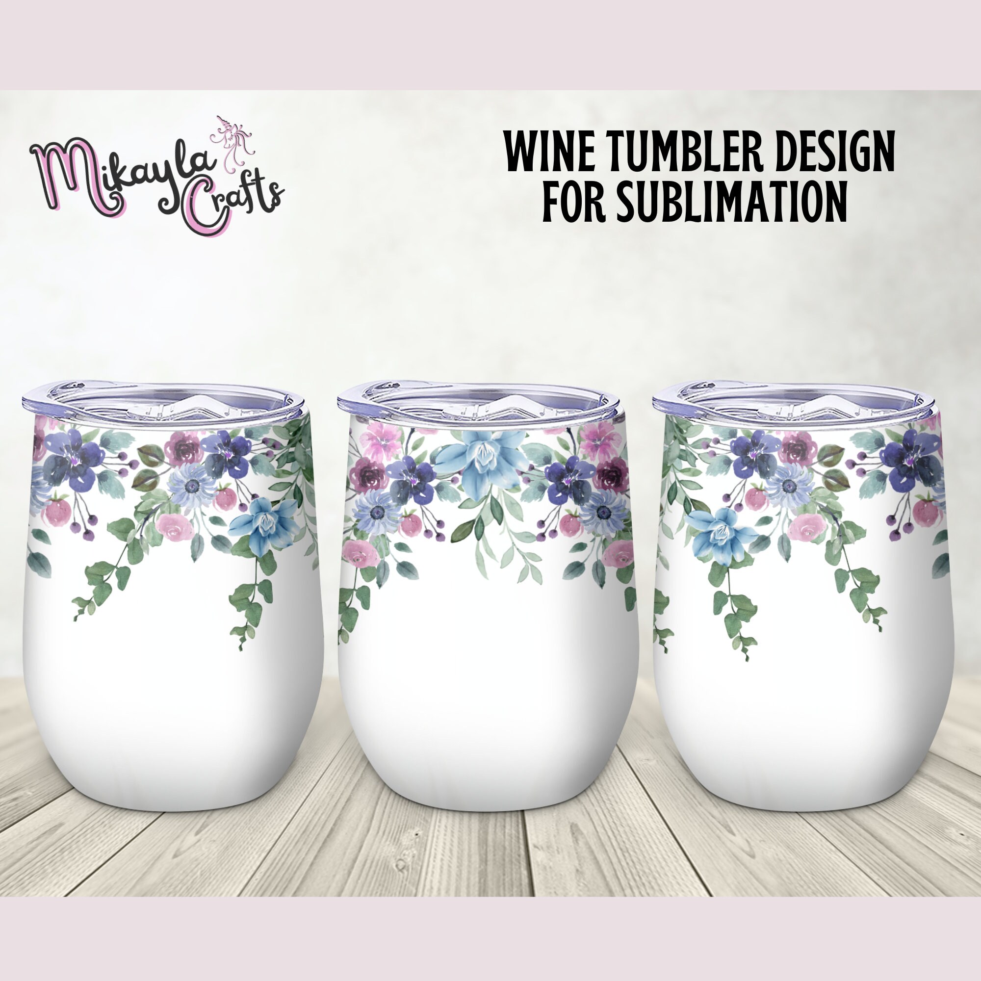 Floral 12oz Wine Tumbler Template, Watercolor Floral Wine Tumbler Sublimation Template, Digital