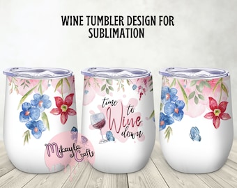 Divertente bicchiere da vino da 12 once, modello per sublimazione di bicchieri da vino con motivi floreali ad acquerello, vino, bicchiere da vino con motivi floreali blu e rossi PNG