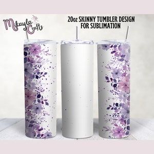 Add Own Text Purple Floral 20oz Straight Tumbler wrap, Sublimation template, 20oz Skinny tumbler sublimation design, PNG Digital Download