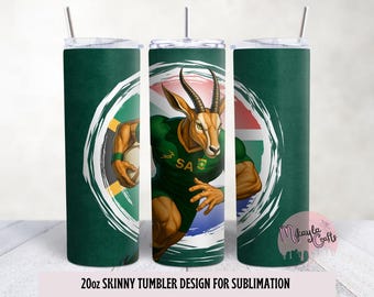 May include: A 20oz skinny tumbler with a green background and a design featuring a running springbok wearing a green jersey and holding a rugby ball. The design includes the South African flag and the text "SA".