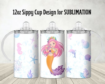 May include: Three 12oz sippy cups with a mermaid design. The cups are white with a blue and purple watercolor background. The mermaid has pink hair, a purple tail, and is holding a pearl necklace. The cups are perfect for sublimation.