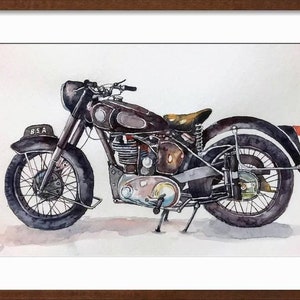 May include: Watercolor painting of a vintage BSA motorcycle in shades of brown and black. The motorcycle has a classic design with a round headlight, a small seat, and the text "BSA" on the front fender. The artwork is framed.
