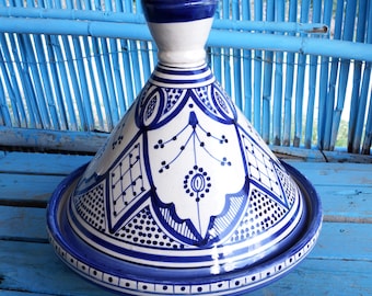 Blue Moroccan Tagine | Hand-Painted Ceramic Serving Dish | Blue Conical Lid