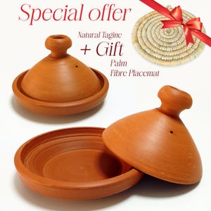 Artisanal Moroccan Clay Tagine | Traditional Dome Lid Cookware | Handcrafted with Natural Clay | Palm Fiber Trivet Gift