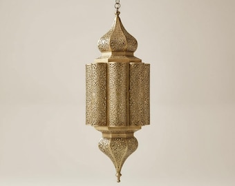Elegant Handcrafted Moroccan Brass Pendant Lantern - Unique Oriental Ceiling Light for Ambient Decor